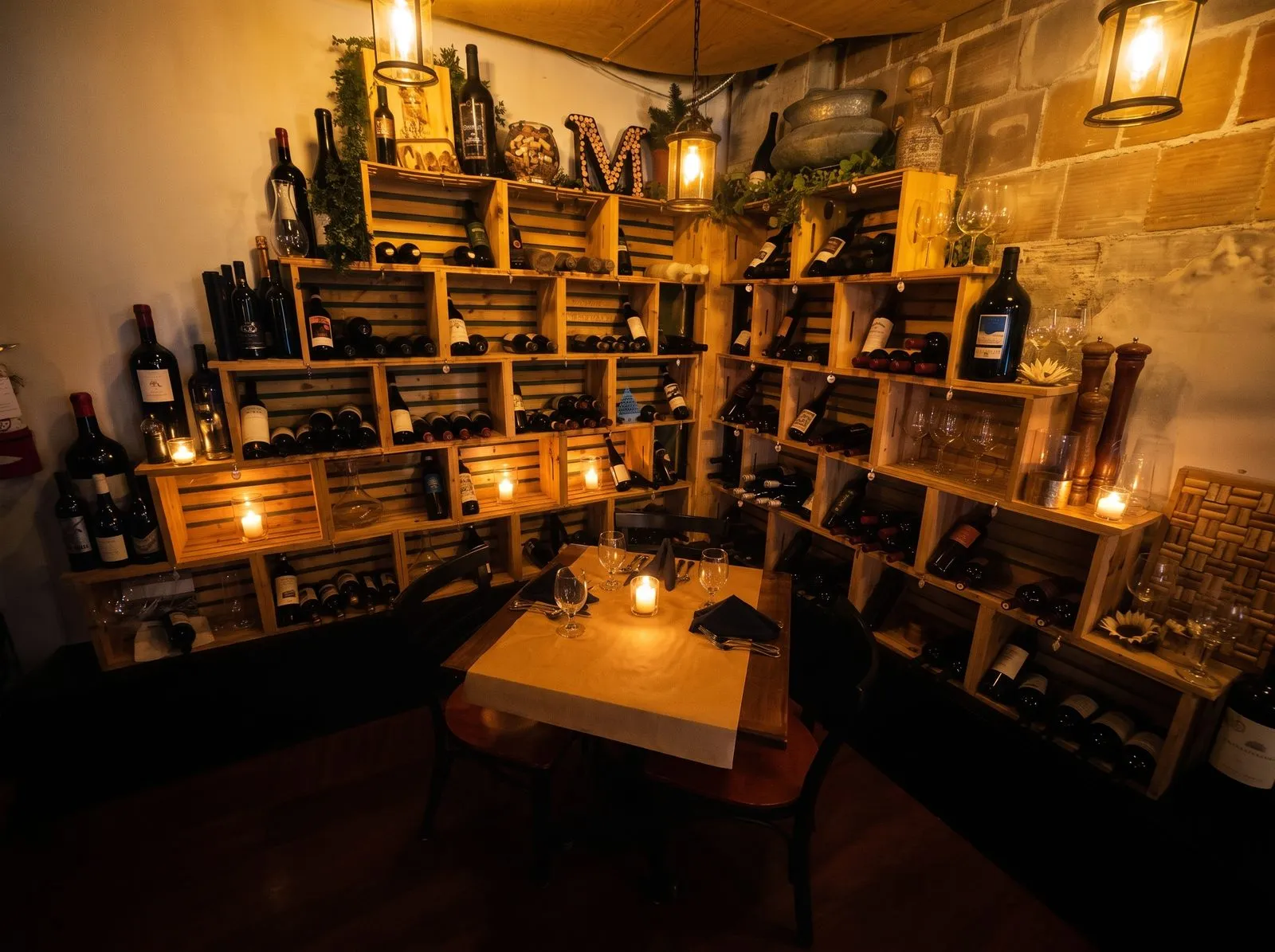 The room settling in for the evening, candles lit.