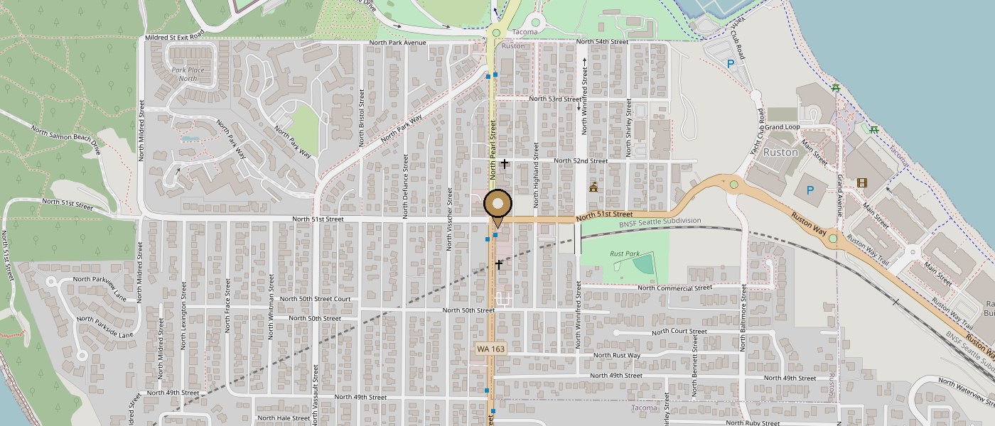 Street map of Ruston with a marker on Macaluso’s Italian Restaurant at 5101 N Pearl St.